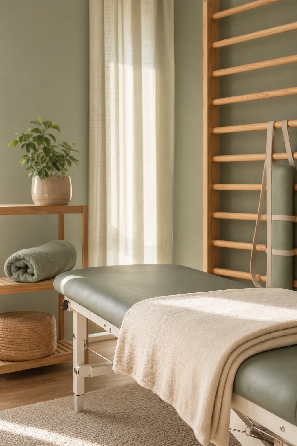 Pokojné prostredie fyzioterapie — terapeutické lehátko, rebriny a pomôcky